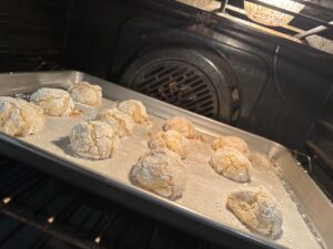 Soft & Chewy Amaretti Cookies (with a Hint of Rose) 1 amaretti cookeis in the oven baking