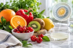 Image of fruits and vegetables and image indicating liposomal vitamin C